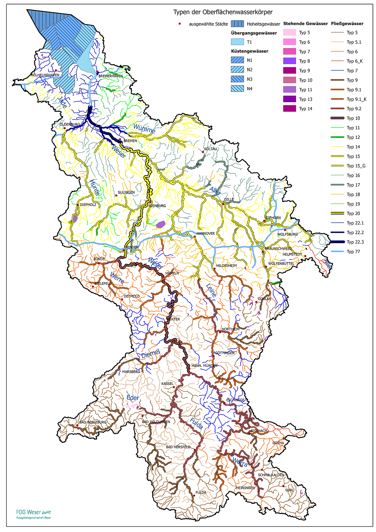 Ökoregionen und Typen der Oberflächengewässer (FGG Weser, 2021)