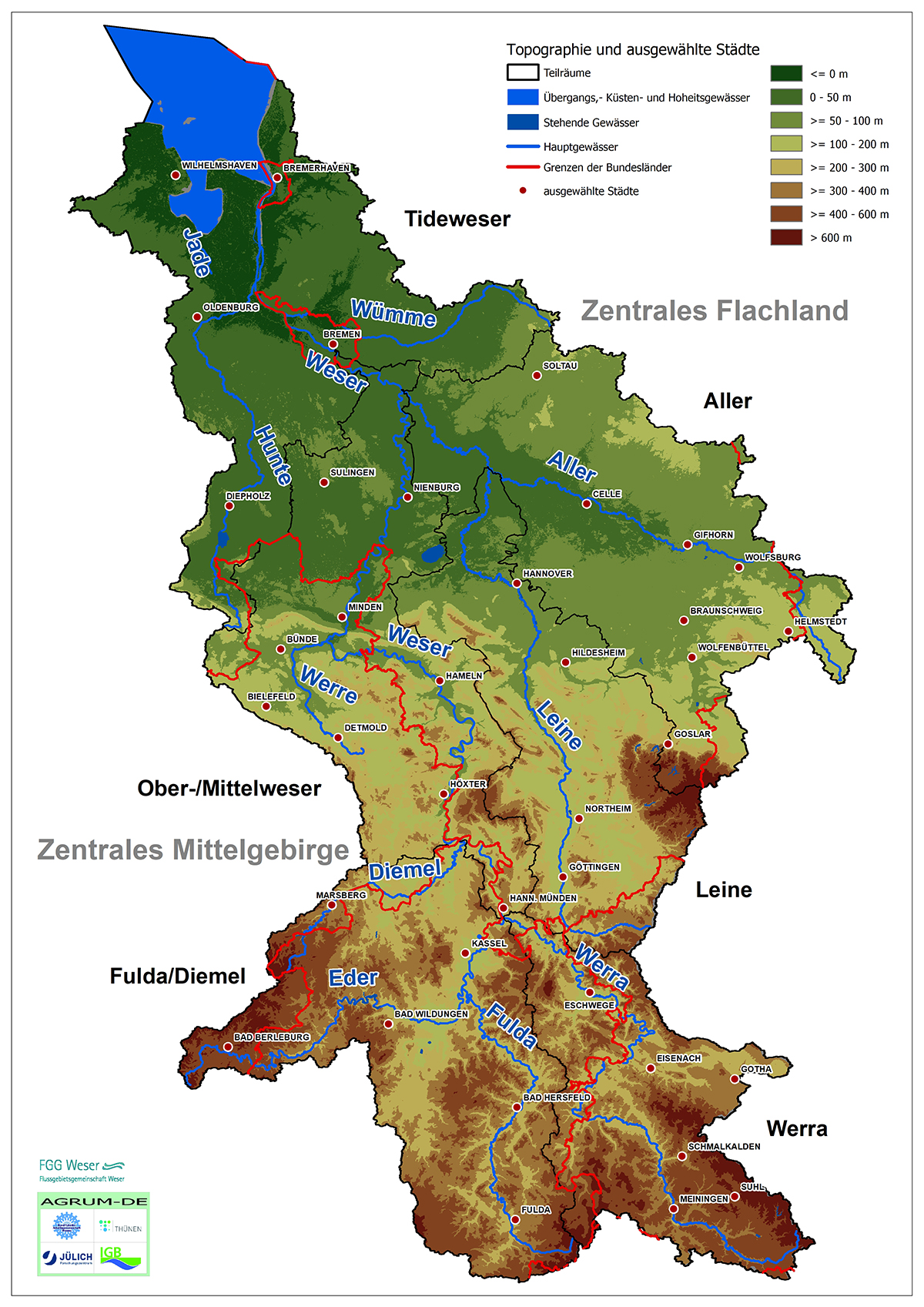 Topographie in der Flussgebietseinheit Weser (FGG Weser, 2021)