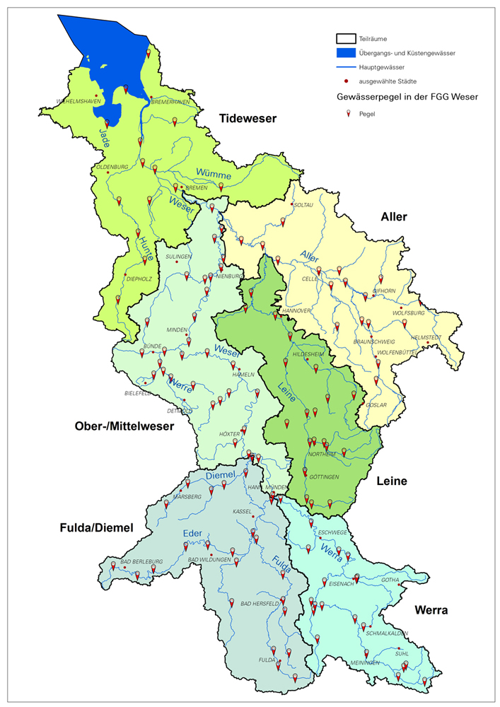 Karte öffnen: Gewässerpegel in der Flussgebietseinheit Weser (FGG Weser)