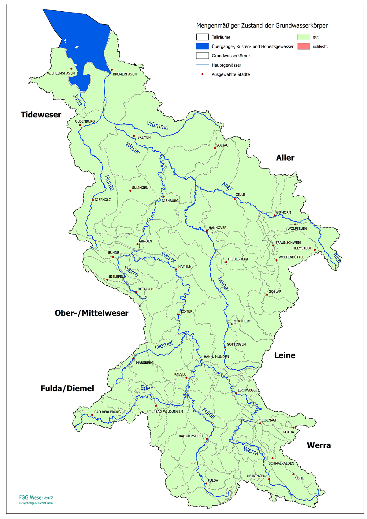 Mengenmäßiger Zustand der Grundwasserkörper (FGG Weser, 2021)