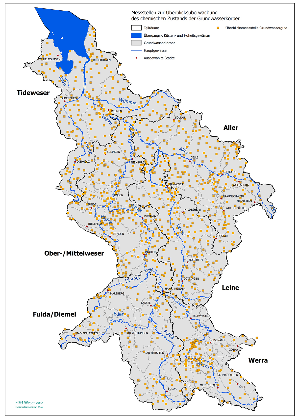Überblicksmessnetz für das Grundwassermonitoring (FGG Weser, 2021)