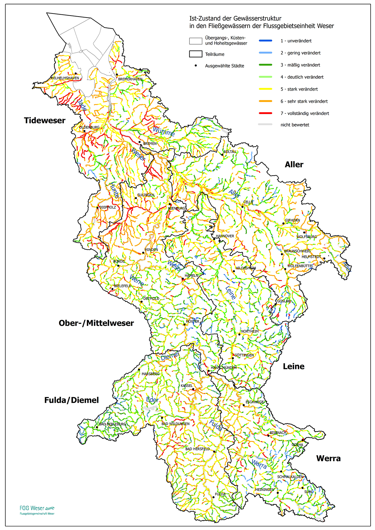Ist-Zustand der Gewässerstruktur in den Fließgewässern der Flussgebietseinheit Weser